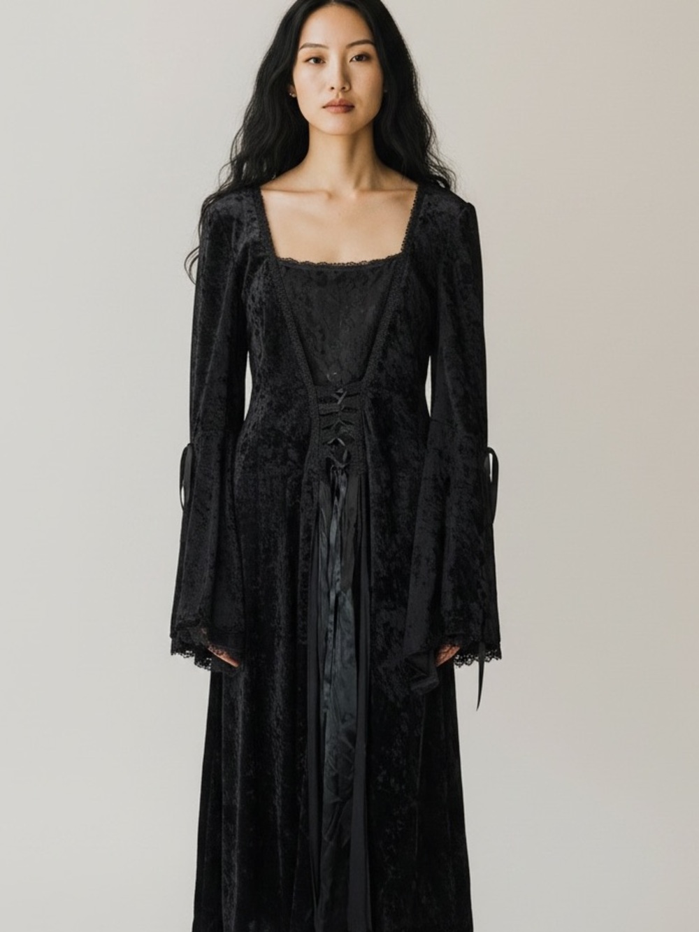 VTG LIPSERVICE BLACK VELVET GOTHIC WITCHY LACE FRONT MAXI  DRESS SZ SMALL MEDIUM